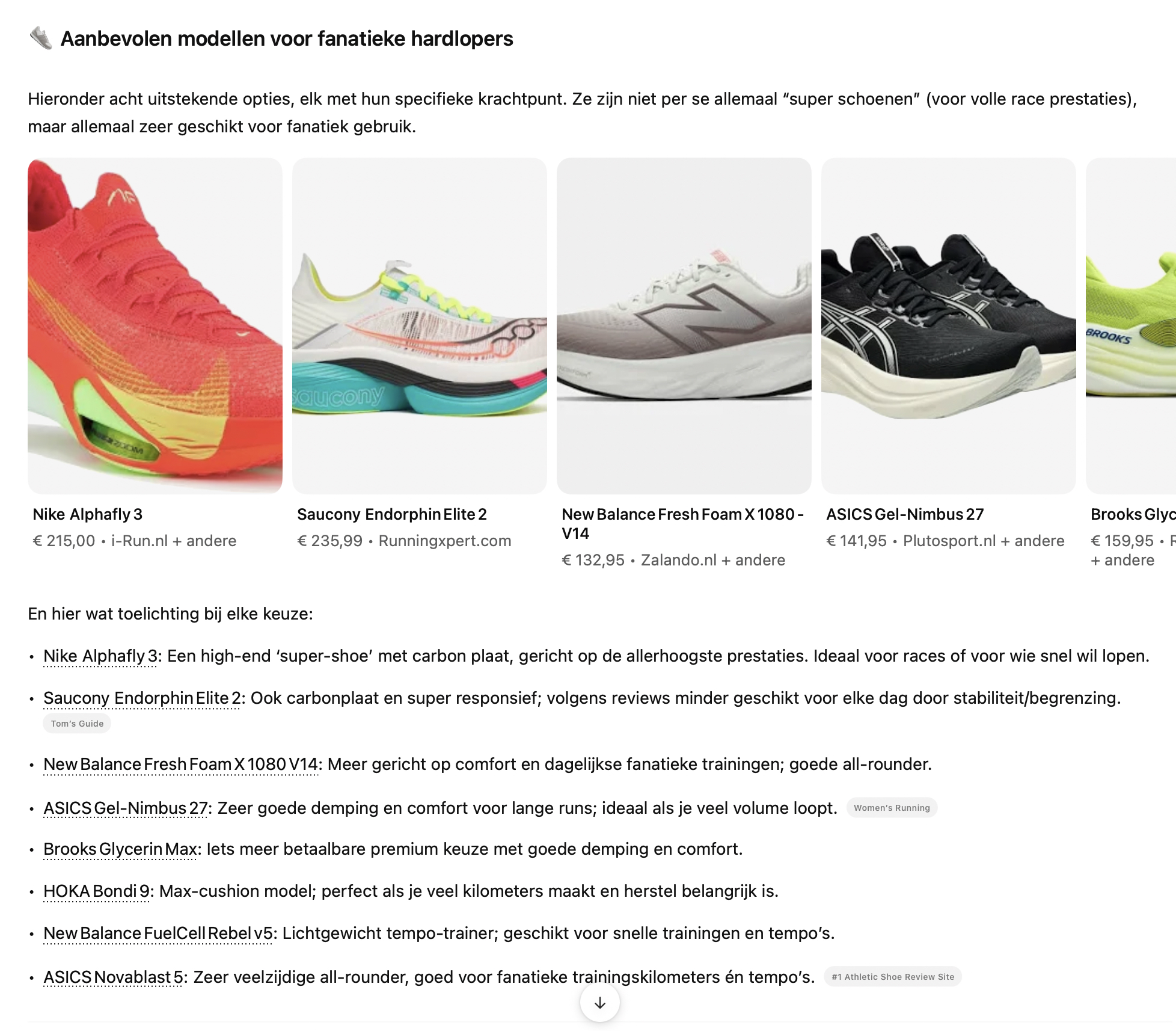 ChatGPT voorbeeld shopping overview