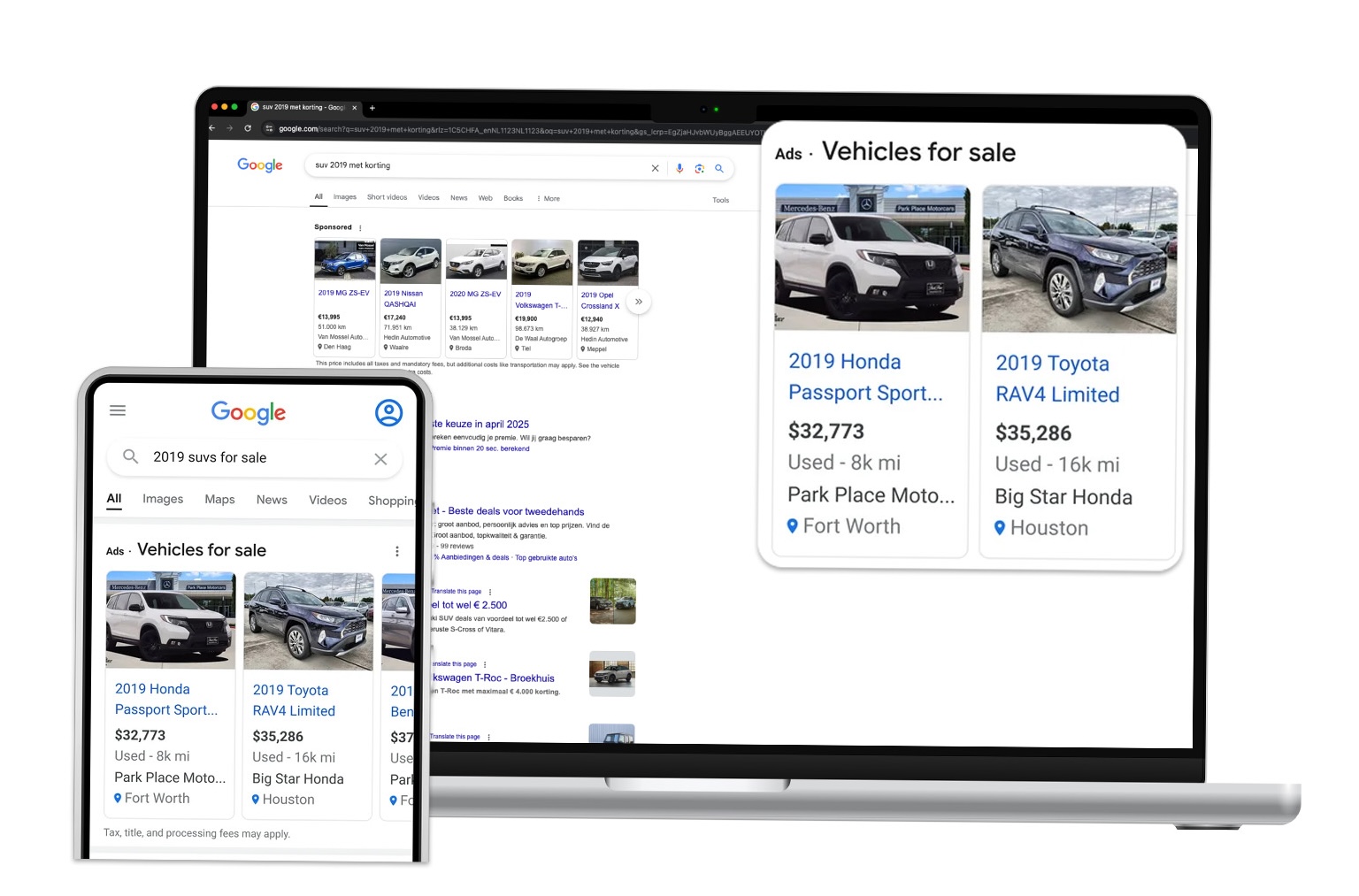 Google Vehicle Ads - voorbeeld desktop & phone
